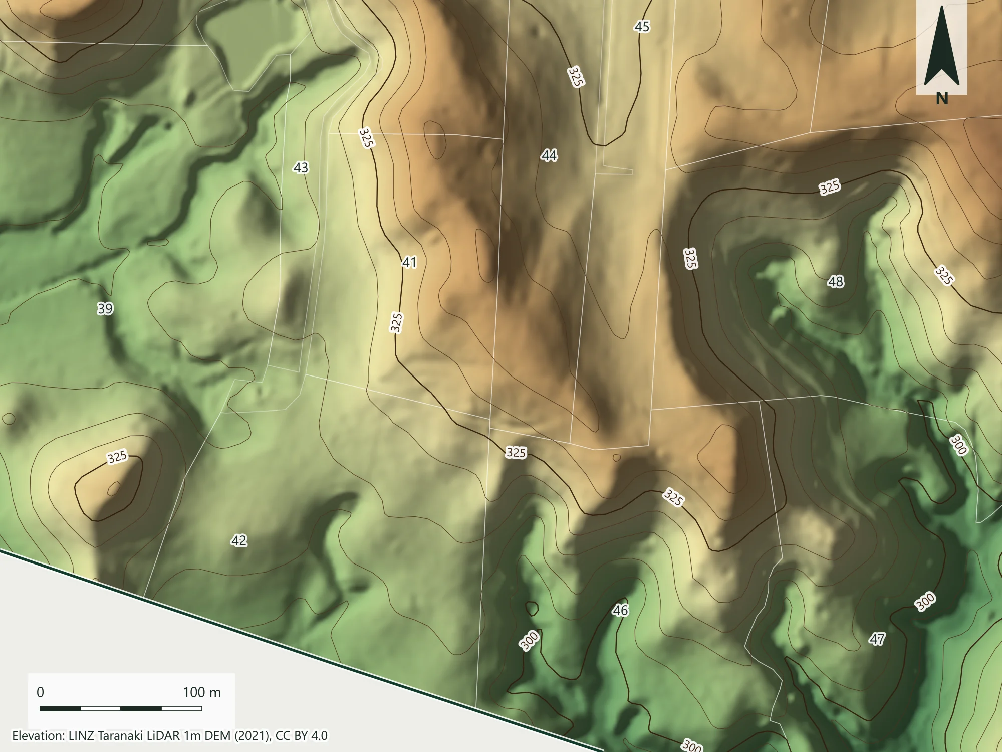 Close-up contour map of part of Baseline Farm, a demonstration property: 5 metre contours with labelled 25 metre index contours over shaded relief tinted from green on low ground to brown on high ground, with paddock numbers.