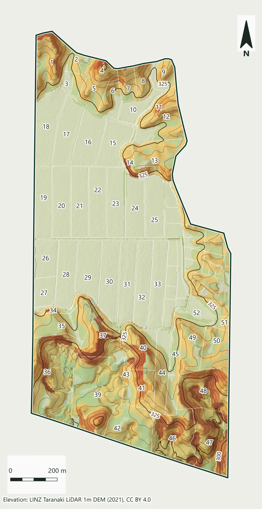 Slope map of Baseline Farm, a demonstration property: paddocks coloured by slope class from pale green on the flat to dark red on the steepest faces, with labelled 25 metre index contours and paddock numbers.