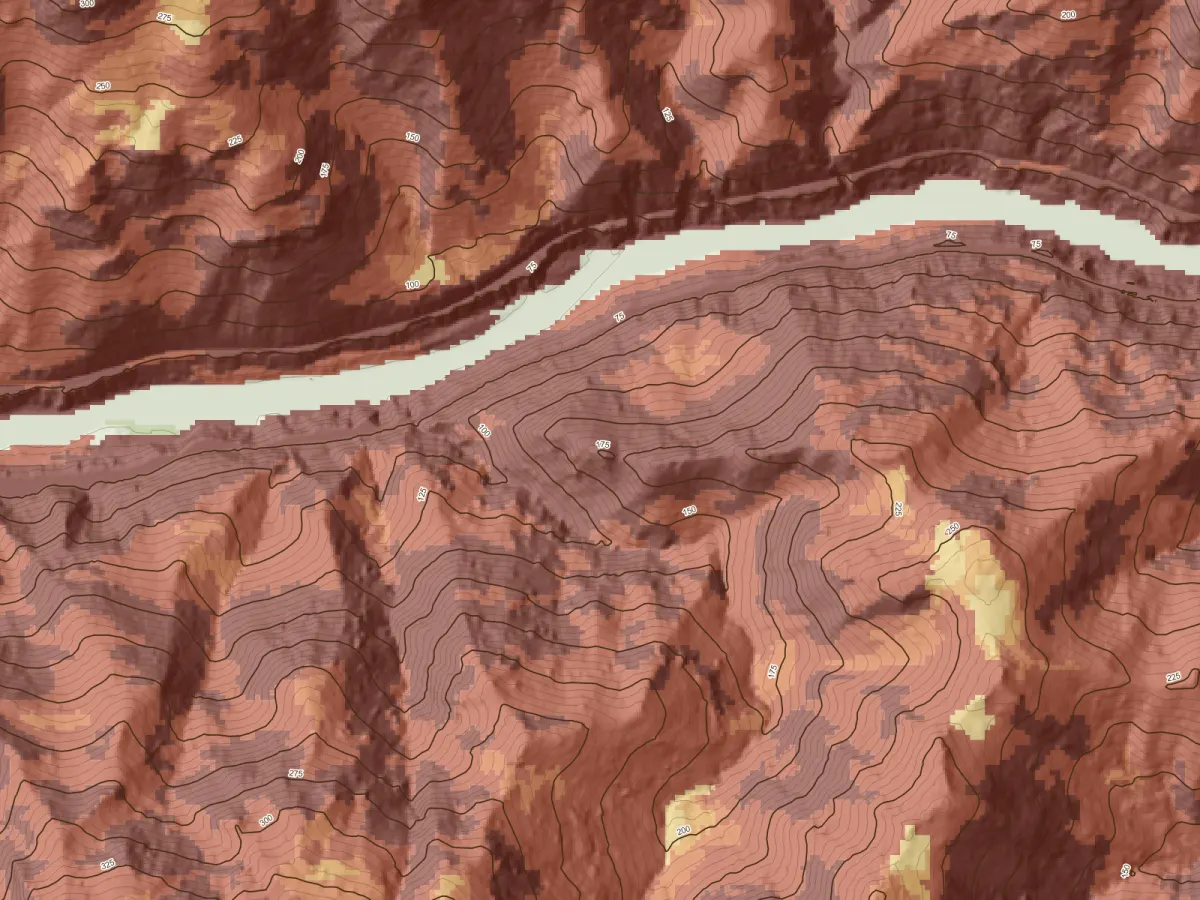 Terrain sample: hillshaded LiDAR relief coloured by slope class, with 5 metre contours and labelled 25 metre index contours either side of a river gorge.